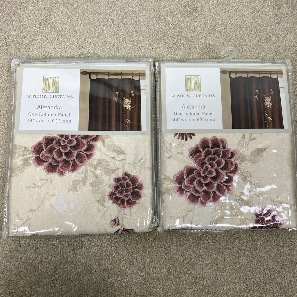 2 NWT Alesandra Floral Embroidered Faux Silk Window Curtain Panel Beige‎ 44x63"